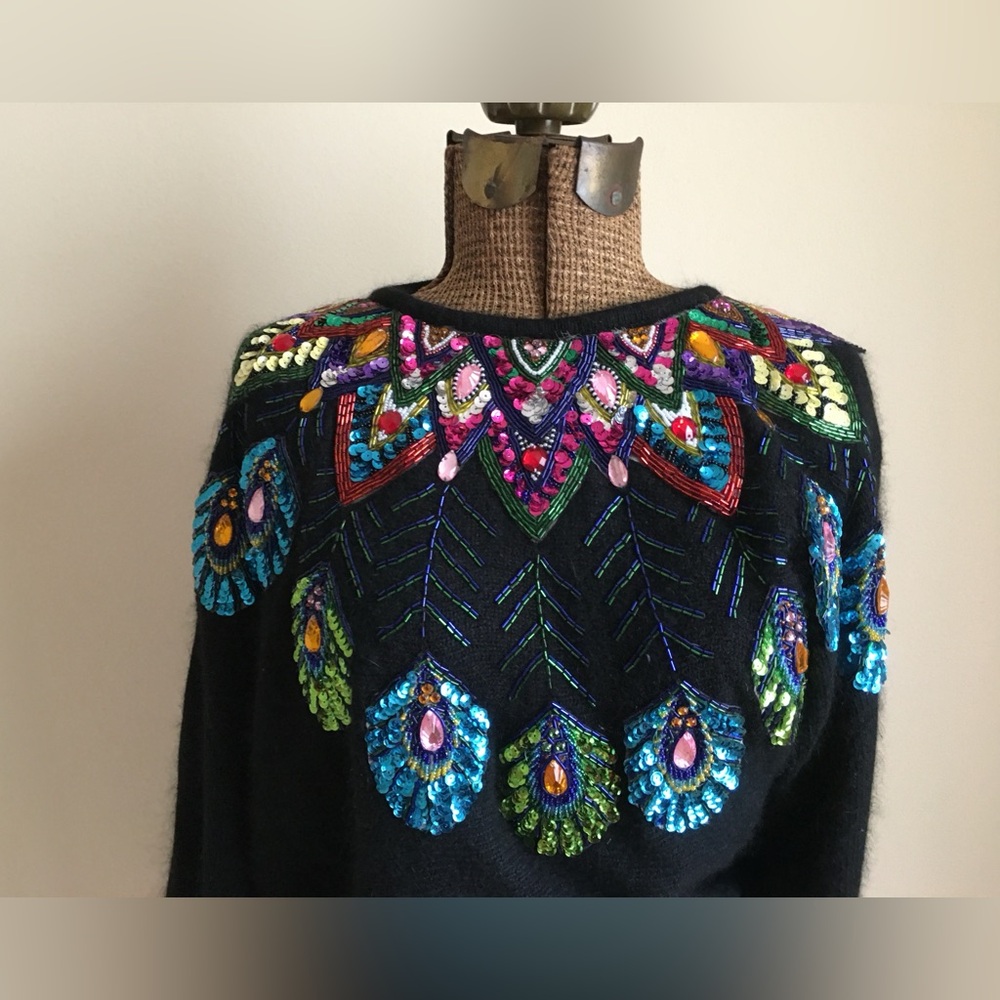 Vintage Sequin & Beaded Cedars Black Knit Dress Sweater Size: M - Picture 14 of 14